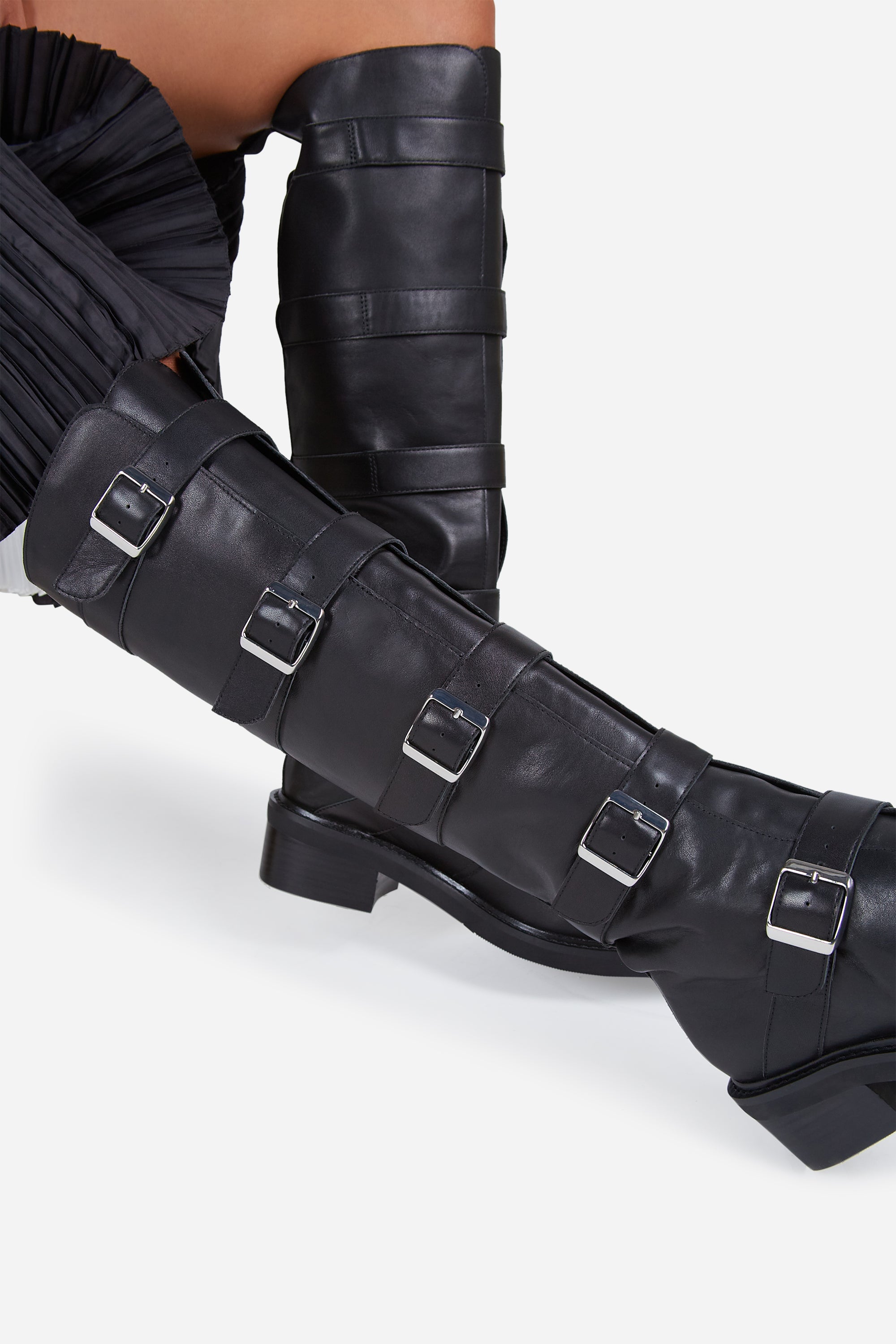 【BLACKUP】Cycle Biker Long Boots Black Faux Leather Biker Calf Boots In Extra Wide EEE Fit